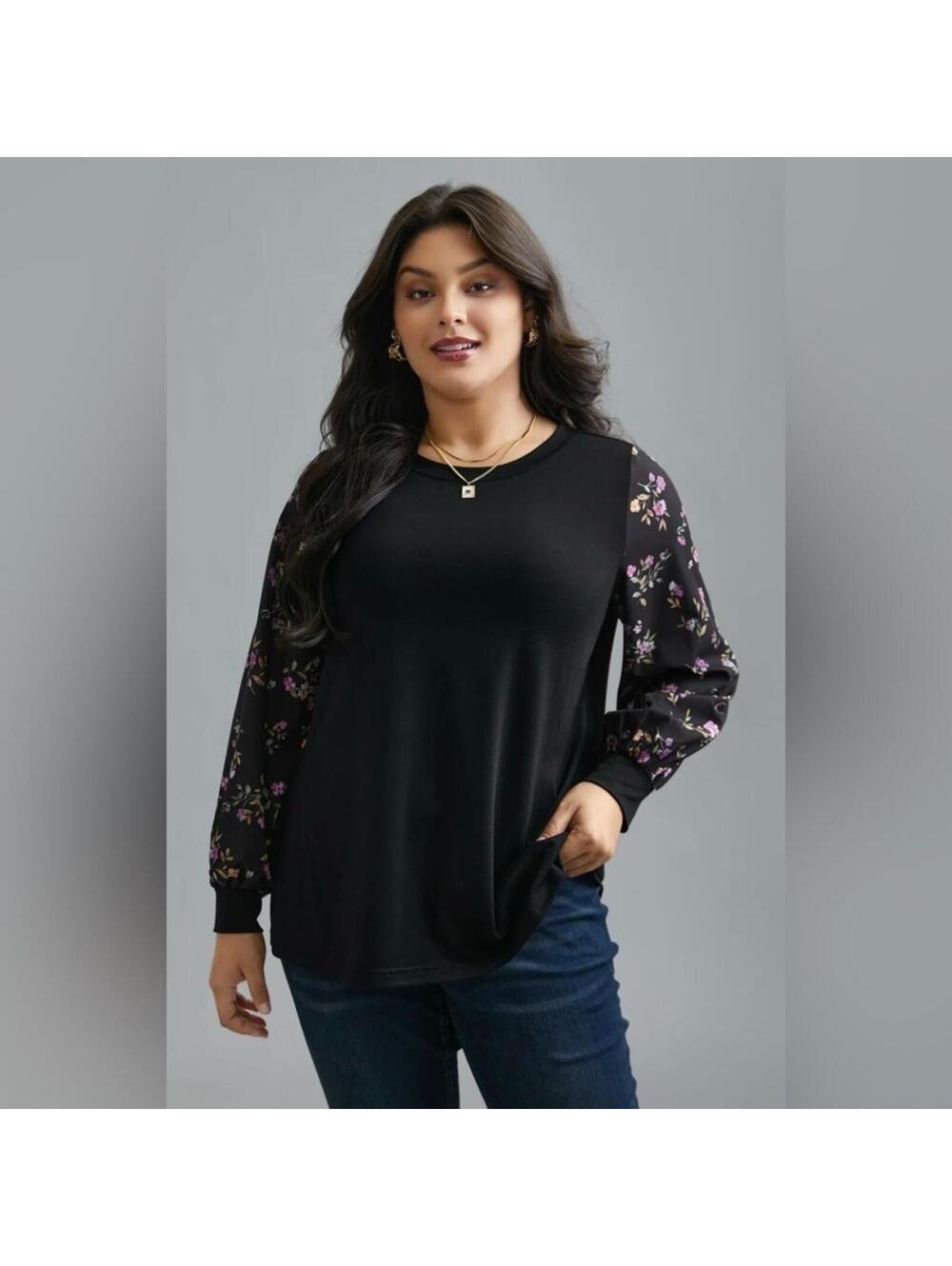 BloomChic Floral Sleeve Black Top